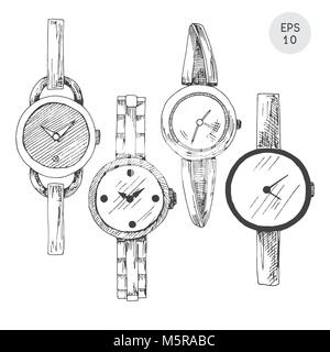 Set of wristwatches in retro style isolated on white background. Vector illustration in sketch style. Stock Vector