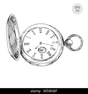 Pocket watch in retro style isolated on white background. Vector illustration in sketch style. Stock Vector