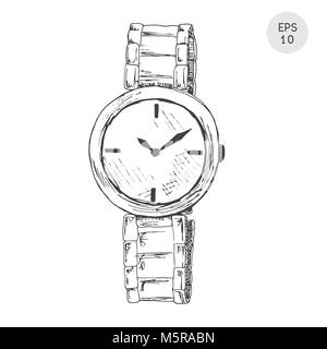 Wrist watch in retro style isolated on white background. Vector illustration in sketch style. Stock Vector