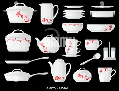 Set of cookware isolated on black background. Vector illustration. Kitchen utensils. Stock Vector