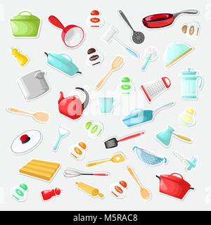 Set of stickers with utensils in a cartoon style. Vector illustration. Stock Vector