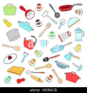 Set of labels with dishes in a flat style. Vector illustration. Stock Vector