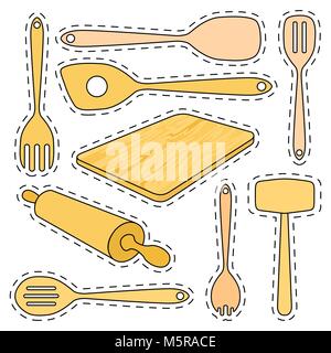 Set of stickers wooden kitchen utensils. Isolated vector illustration on white background. Stock Vector
