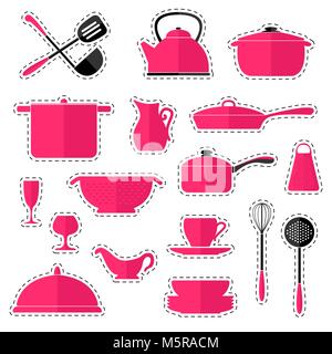 Set of stickers cookware isolated on white background. Kitchen utensils. Vector illustration in a flat style. Stock Vector