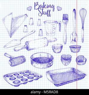 Set of dishes for baking. Baking stuff Vector illustration in sketch style. Stock Vector