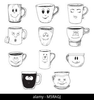 Hand drawn a set of cups in a cartoon style. Vector illustration of a sketch style. Stock Vector