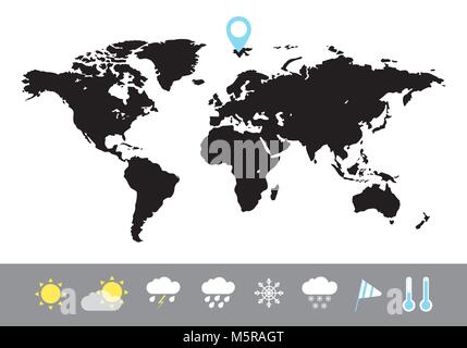 The world map is black. Weather icons. Vector illustration in a flat style. Stock Vector