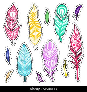 Set of stickers Ethnic feathers. Hand drawn feathers. Vector illustration. Stock Vector