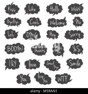 Think and talk speech bubbles. Artistic collection of hand drawn doodle style comic balloon, cloud and heart. Vector illustration in sketch style. Stock Vector
