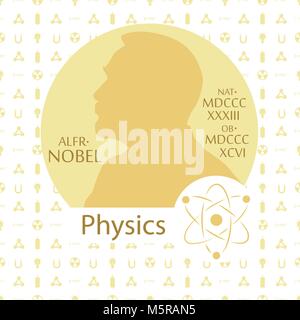 Stylized Nobel medal. Silhouette of Nobel in a flat style. Seamless pattern with elements on a physics theme. Vector illustration. Stock Vector