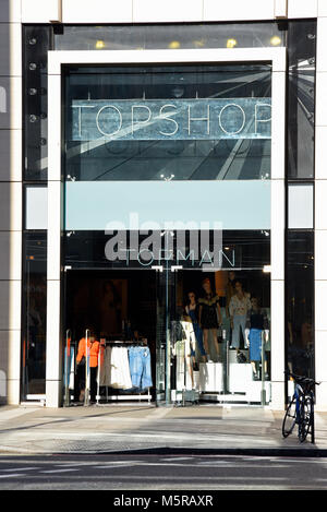 Topshop Topman shop in Brompton Road, Knightsbridge, London. Entrance with brand names sign. Fashion Stock Photo