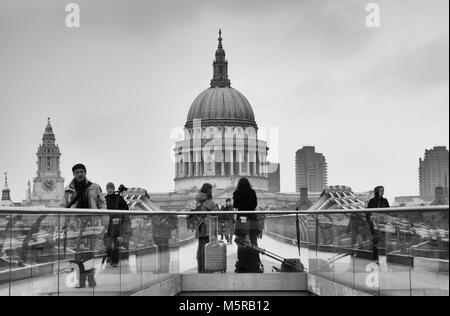 Black & White Photograph of St Pauls Cathedral, Taken from the Millennium bridge, London, England, UK. Credit: London Snapper Stock Photo