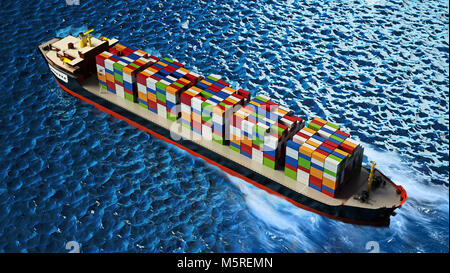 Cargo ship loaded with multi colored containers. 3D illustration. Stock Photo