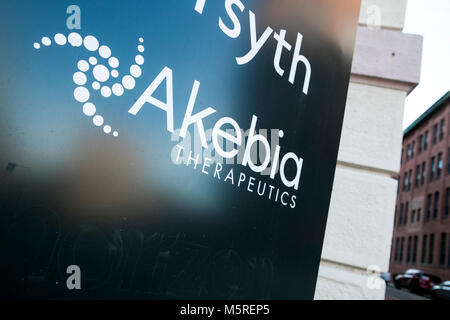 A logo sign outside of the headquarters of Akebia Therapeutics, Inc., in Cambridge, Massachusetts on February 21, 2018.