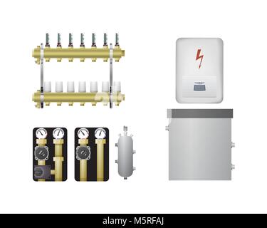 Electric boiler set. Vector illustration. The HVAC equipment. Manifold, pump water heating Stock Vector