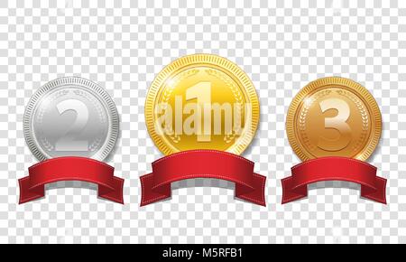 Gold, silver and bronze shiny medals with red ribbons isolated on transparent background. Champion Award Medals sport prize. Vector illustration Stock Vector