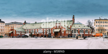 Helsinki, Finland. Panorama Of Hietalahti Market Hall Located In Old Market Hall Of Hietalahdentie In Helsinki And Include Market, Cafe, Restaurants. Stock Photo