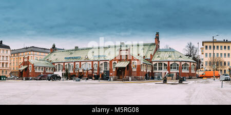 Helsinki, Finland. Panorama Of Hietalahti Market Hall Located In Old Market Hall Of Hietalahdentie In Helsinki And Include Market, Cafe, Restaurants. Stock Photo