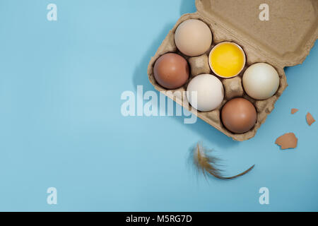 Top view-Eggs and yolk in carton box arranged on a blue scene, Egg is beneficial to the body, Food concept. Stock Photo
