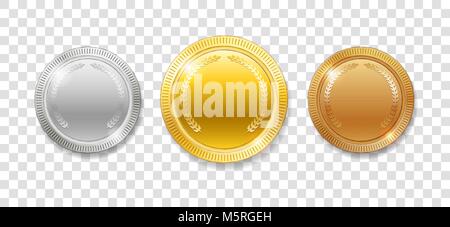 Champion Award Medals for sport winner prize. Set of realistic 3d empty gold, silver and bronze medals isolated. Vector illustration isolated Stock Vector