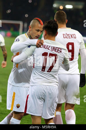 KHARKIV, UKRAINE - FEBRUARY 21, 2018: AS Roma players celebrate after scored a goal during UEFA Champions League Round of 16 game against Shakhtar Don Stock Photo