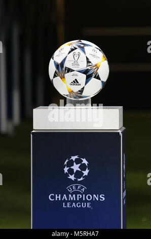 KHARKIV, UKRAINE - FEBRUARY 21, 2018: Official match ball of UEFA Champions League season 2017/18 on pedestal before Champions League Round of 16 game Stock Photo