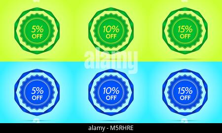 Collection of Green and Blue Sale Badges. Vector Badge with Offer of Discount 5 10 15 Percent Off, surrounded by Twisted Ribbon, on the Lime and Light Stock Vector