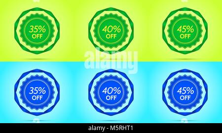 Collection of Green and Blue Sale Badges. Vector Badge with Offer of Discount 35 40 45 Percent Off, surrounded by Twisted Ribbon, on the Lime and Ligh Stock Vector