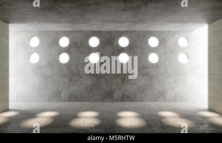 concrete interior with circular windows 3d rendering image Stock Photo