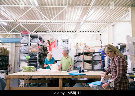 Businesspeople are working together in a textile warehouse. Onbe person is ironing fabric while the others are stocking fabric and material. Stock Photo