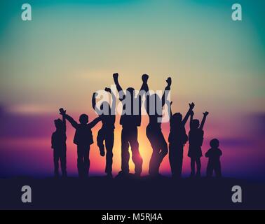 Many children happy family group and sunrise sky silhouettes. Stock Vector