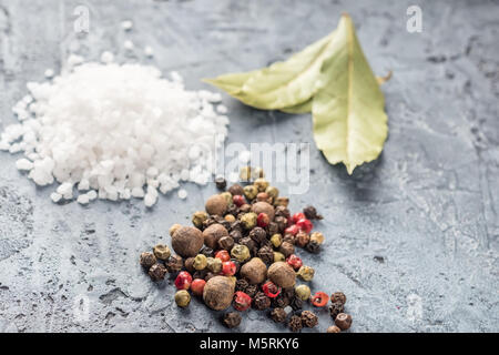 Bay leaf, salt, pepper, peas - ingredients and spice Stock Photo