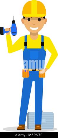 Vector cartoon man builder with a screwdriver Stock Vector
