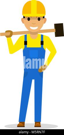Vector cartoon man builder with a sledgehammer Stock Vector