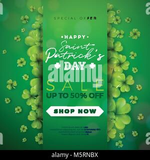 St. Patrick's Day Sale Design, with Clover and Typography Letter on Green Background. Vector Irish Lucky Holiday Design Template for Coupon, Banner, Voucher or Promotional Poster. Stock Vector