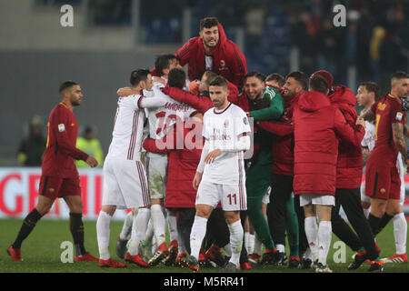 Rome, Italy. 25th Feb, 2018. 25.02.2018. Stadio Olimpico, Rome, Italy. Serie A. AS Roma vs Ac Milan.Milan team celebrates the victory at end of the match  Roma vs Milan at Stadio Olimpico in Rome. Credit: marco iacobucci/Alamy Live News Stock Photo