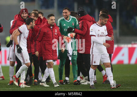 Rome, Italy. 25th Feb, 2018. 25.02.2018. Stadio Olimpico, Rome, Italy. Serie A. AS Roma vs Ac Milan.Milan team celebrates the victory at end of the  match Roma vs Milan at Stadio Olimpico in Rome. Credit: marco iacobucci/Alamy Live News Stock Photo