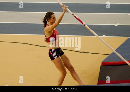 Glasgow, Scotland, 25 February 2018. Katharina Bauer of Germany taking part in the pole vault at the Muller Indoor Grand Prix in Glasgow.  Credit: Colin Edwards/Alamy Live News. Stock Photo