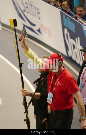 Glasgow, Scotland, 25 February 2018. The starter starting a race at the Muller Indoor Grand Prix at Glasgow.  Credit: Colin Edwards/Alamy Live News. Stock Photo