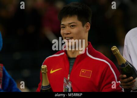 Glasgow, Scotland, 25 February 2018. The overall winner of the IAAF World Indoor Tour for the 60m Bingtain Su after the presentation in Glasgow. Credit: Colin Edwards/Alamy Live News. Stock Photo