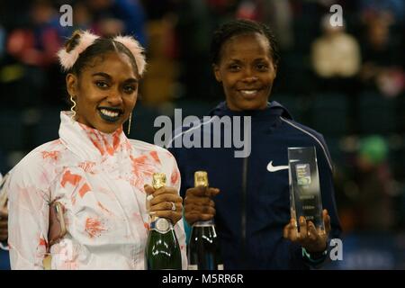 Glasgow, Scotland, 25 February 2018. The overall winners of the IAAF World Indoor Tour Christina Manning, 60m Hurdles, Beatrice Chepkoech, 1500m, at the presentation in Glasgow. Credit: Colin Edwards/Alamy Live News. Stock Photo