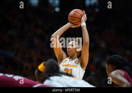 February 25, 2018: Mercedes Russell #21 of the Tennessee Lady Volunteers shoots a free throw during the NCAA basketball game between the University of Tennessee Lady Volunteers and the University of South Carolina Gamecocks at Thompson Boling Arena in Knoxville TN Tim Gangloff/CSM Stock Photo