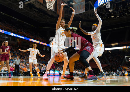 February 25, 2018: Rennia Davis #0 and Mercedes Russell #21 of the Tennessee Lady Volunteers defend against Alexis Jennings #35 of the South Carolina Gamecocks during the NCAA basketball game between the University of Tennessee Lady Volunteers and the University of South Carolina Gamecocks at Thompson Boling Arena in Knoxville TN Tim Gangloff/CSM Stock Photo