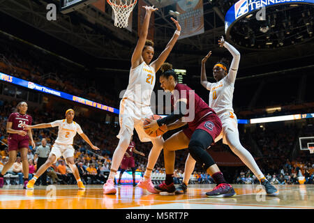 February 25, 2018: Rennia Davis #0 and Mercedes Russell #21 of the Tennessee Lady Volunteers defend against Alexis Jennings #35 of the South Carolina Gamecocks during the NCAA basketball game between the University of Tennessee Lady Volunteers and the University of South Carolina Gamecocks at Thompson Boling Arena in Knoxville TN Tim Gangloff/CSM Stock Photo