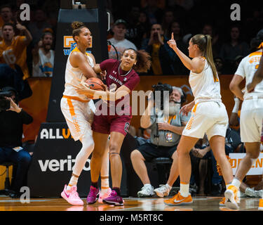 February 25, 2018: Mercedes Russell #21 of the Tennessee Lady Volunteers and Mikiah Herbert Harrigan #21 of the South Carolina Gamecocks battle for a loose ball during the NCAA basketball game between the University of Tennessee Lady Volunteers and the University of South Carolina Gamecocks at Thompson Boling Arena in Knoxville TN Tim Gangloff/CSM Stock Photo