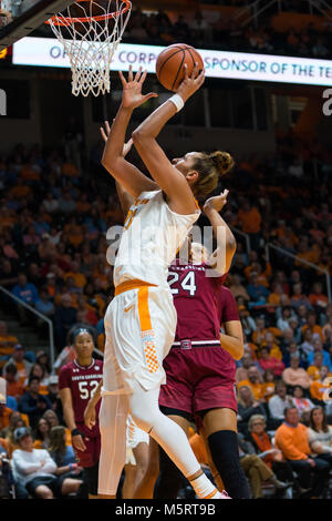 February 25, 2018: Mercedes Russell #21 of the Tennessee Lady Volunteers shoots the ball over Lele Grissett #24 of the South Carolina Gamecocks during the NCAA basketball game between the University of Tennessee Lady Volunteers and the University of South Carolina Gamecocks at Thompson Boling Arena in Knoxville TN Tim Gangloff/CSM Stock Photo