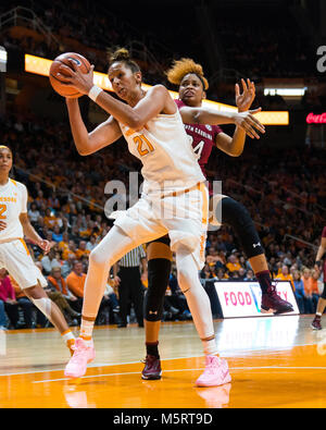 February 25, 2018: Mercedes Russell #21 of the Tennessee Lady Volunteers grabs the rebound from Lele Grissett #24 of the South Carolina Gamecocks during the NCAA basketball game between the University of Tennessee Lady Volunteers and the University of South Carolina Gamecocks at Thompson Boling Arena in Knoxville TN Tim Gangloff/CSM Stock Photo