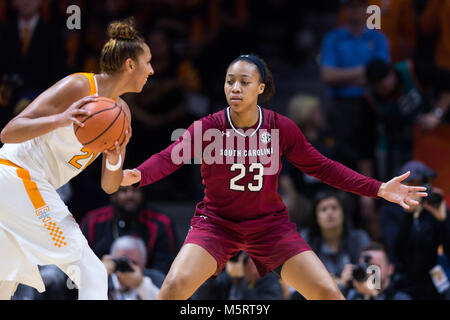 February 25, 2018: Ladazhia Williams #23 of the South Carolina Gamecocks defends against Mercedes Russell #21 of the Tennessee Lady Volunteers during the NCAA basketball game between the University of Tennessee Lady Volunteers and the University of South Carolina Gamecocks at Thompson Boling Arena in Knoxville TN Tim Gangloff/CSM Stock Photo