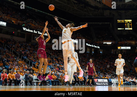 February 25, 2018: Mikiah Herbert Harrigan #21 of the South Carolina Gamecocks shoots the ball over Mercedes Russell #21 of the Tennessee Lady Volunteers during the NCAA basketball game between the University of Tennessee Lady Volunteers and the University of South Carolina Gamecocks at Thompson Boling Arena in Knoxville TN Tim Gangloff/CSM Stock Photo