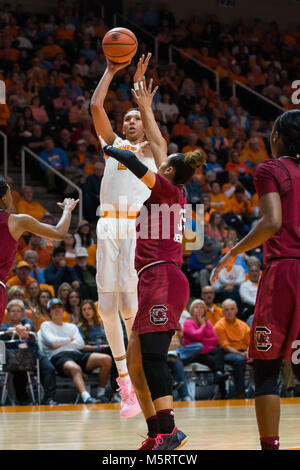 February 25, 2018: Mercedes Russell #21 of the Tennessee Lady Volunteers shoots the ball over Alexis Jennings #35 of the South Carolina Gamecocks during the NCAA basketball game between the University of Tennessee Lady Volunteers and the University of South Carolina Gamecocks at Thompson Boling Arena in Knoxville TN Tim Gangloff/CSM Stock Photo
